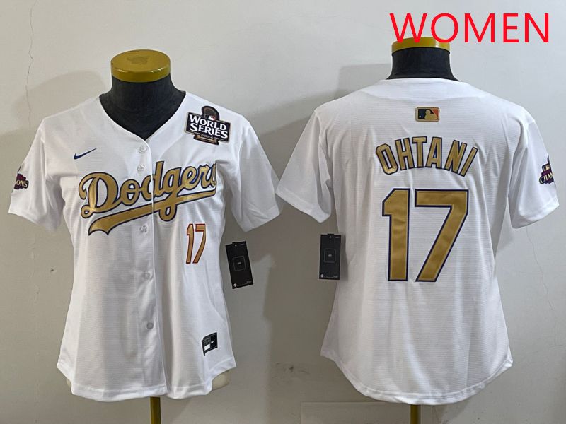 Women Los Angeles Dodgers #17 Ohtani White Champion gold character 2025 Nike MLB Jersey style 3